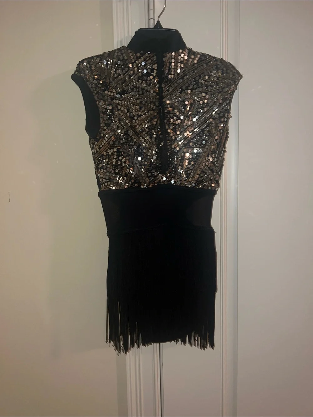 Weissman Black and Gold Sequin Dance Leotard with Fringe Plain and Fancy